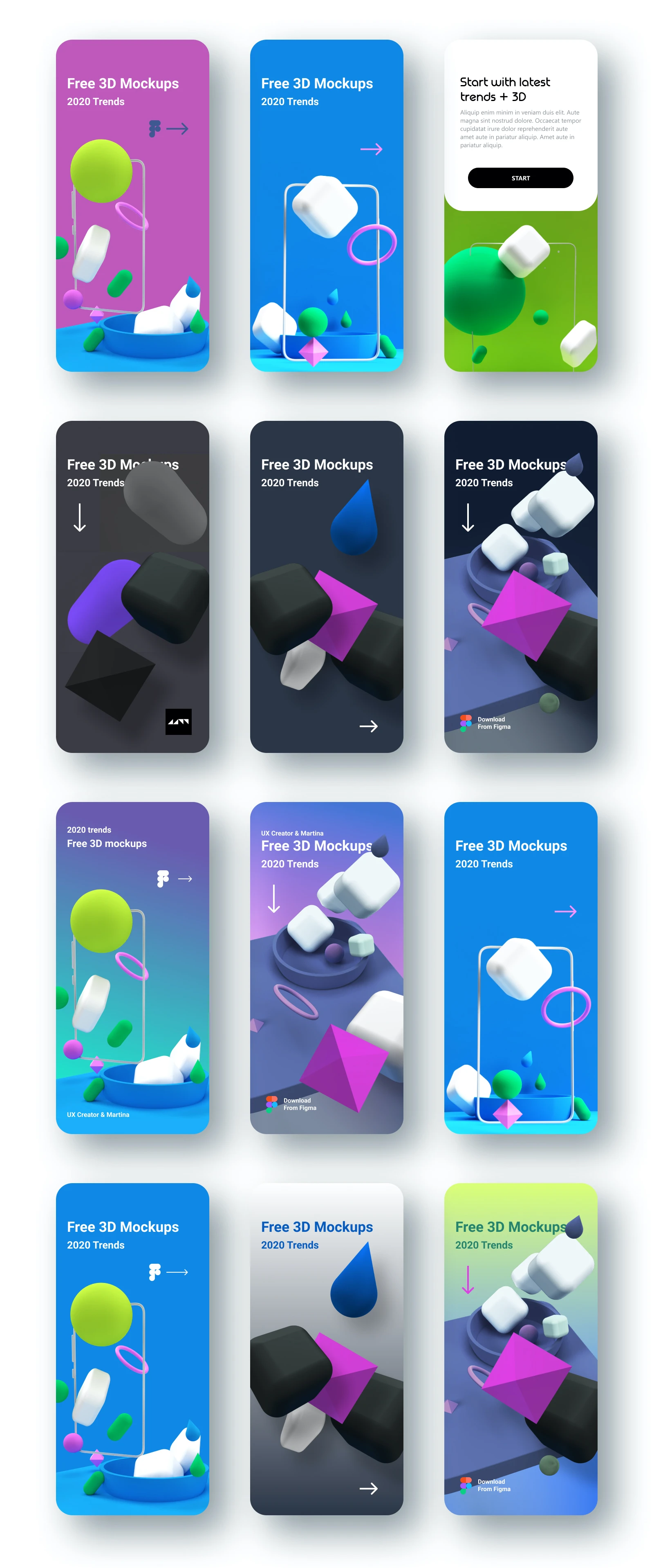 3D Models App Mockups for Figma - 3D models are currently a popular trend in web design. 3D illustrations are very often used in the design of landing pages for apps or websites. Consists of 26 shapes, 22 compositions, and 12 mockups for demonstration purposes.