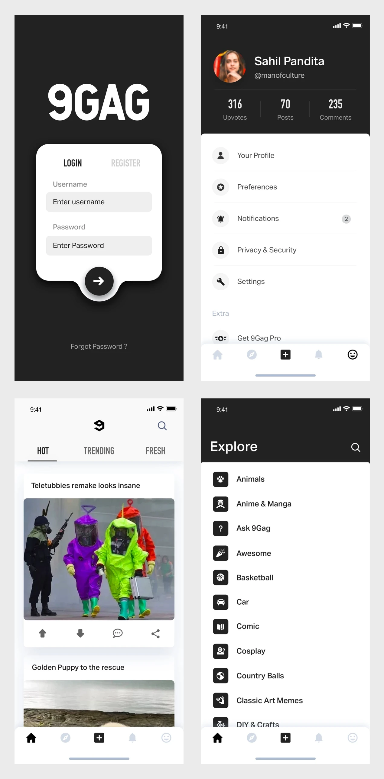9GAG Redesign UI Kit - Go crazy and use the UI Kit on your next project to create kickass products from highly customisable screens like Feed, Profile, Login, Notifications and a lot more to go with anything you can imagine.