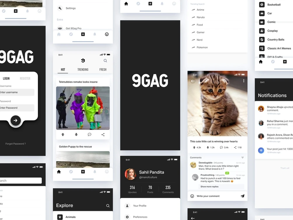 9GAG Redesign UI Kit - Go crazy and use the UI Kit on your next project to create kickass products from highly customisable screens like Feed, Profile, Login, Notifications and a lot more to go with anything you can imagine.