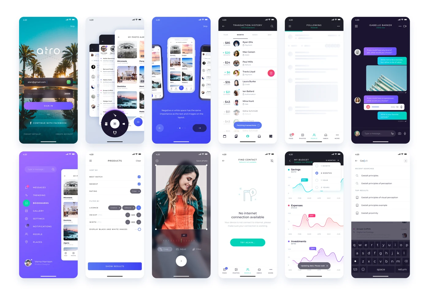 Atro Mobile UI Kit Freebie - Whatever you need a nudge to start work on your idea, find inspiration or just want to add Atro Mobile UI kit to your freebie toolbox, go ahead and grab this awesome mobile UI kit containing 12 beautiful handpicked screens for free.