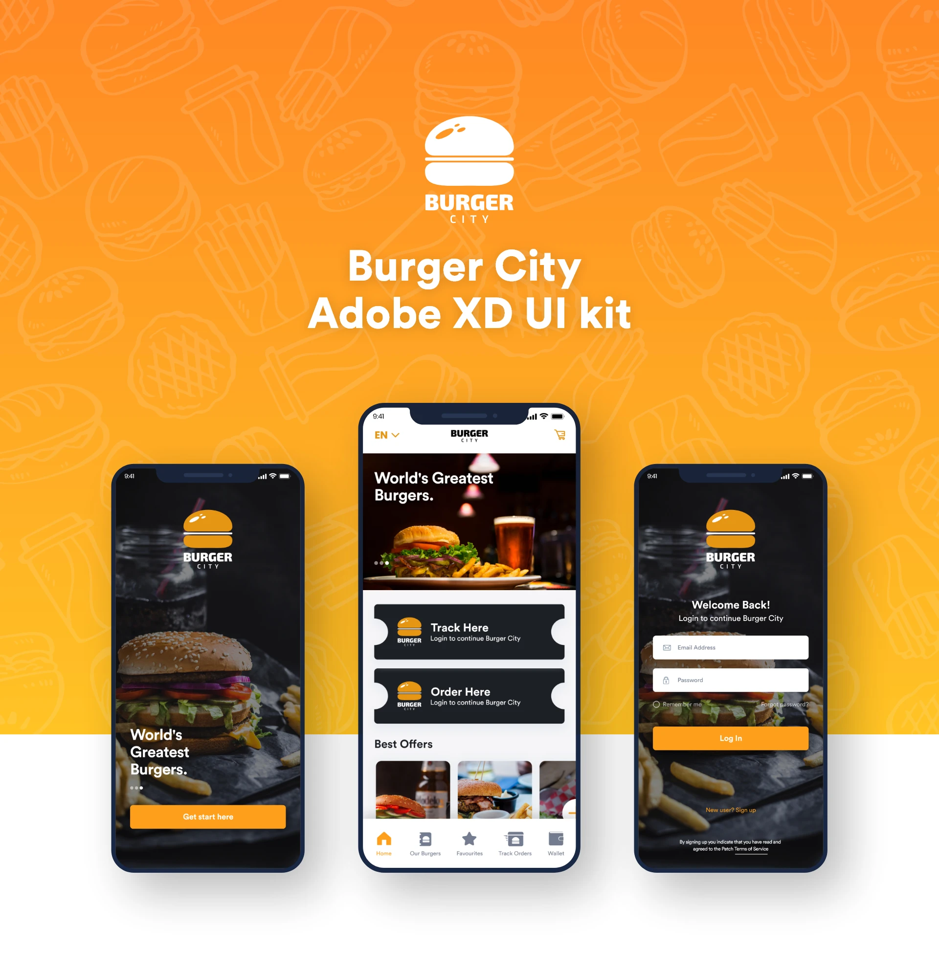 Burger City - Free Adobe XD UI Kit - A mobile UI kit for a burger store. 25 screens for you to get started.