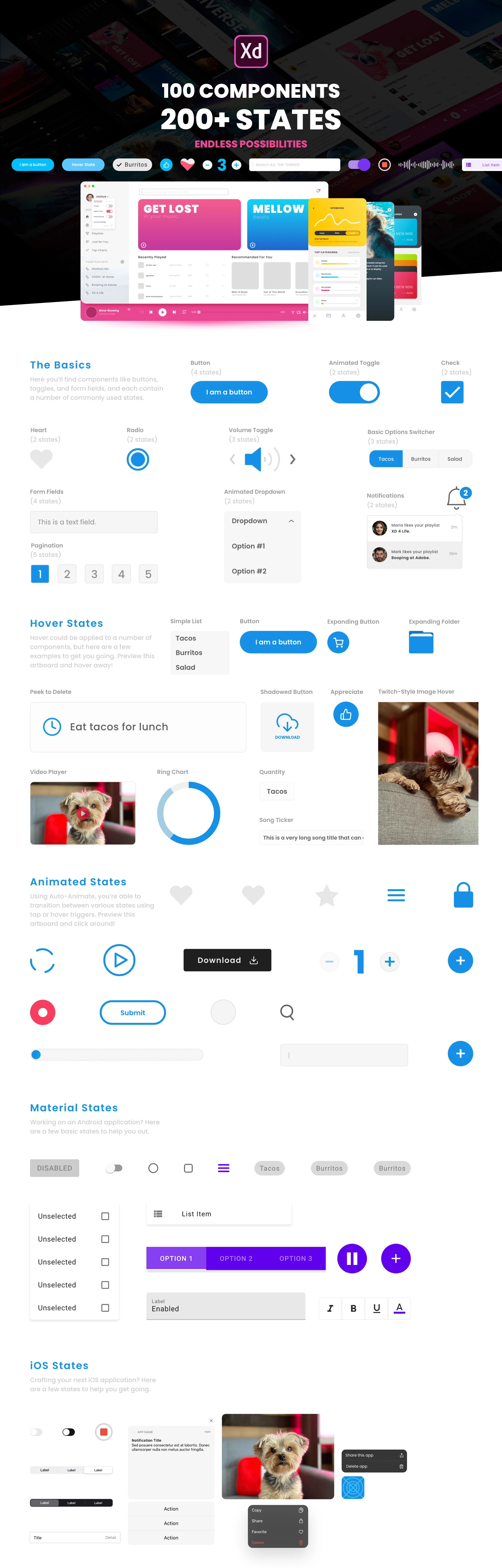 Component States UI Kit for Adobe XD - States have hit Adobe XD and to help sprinkle some inspiration on your projects, I'm releasing this UI kit with buttons, icons, toggles, animations, and more. I've also included a few real-world examples so you can view states in action.