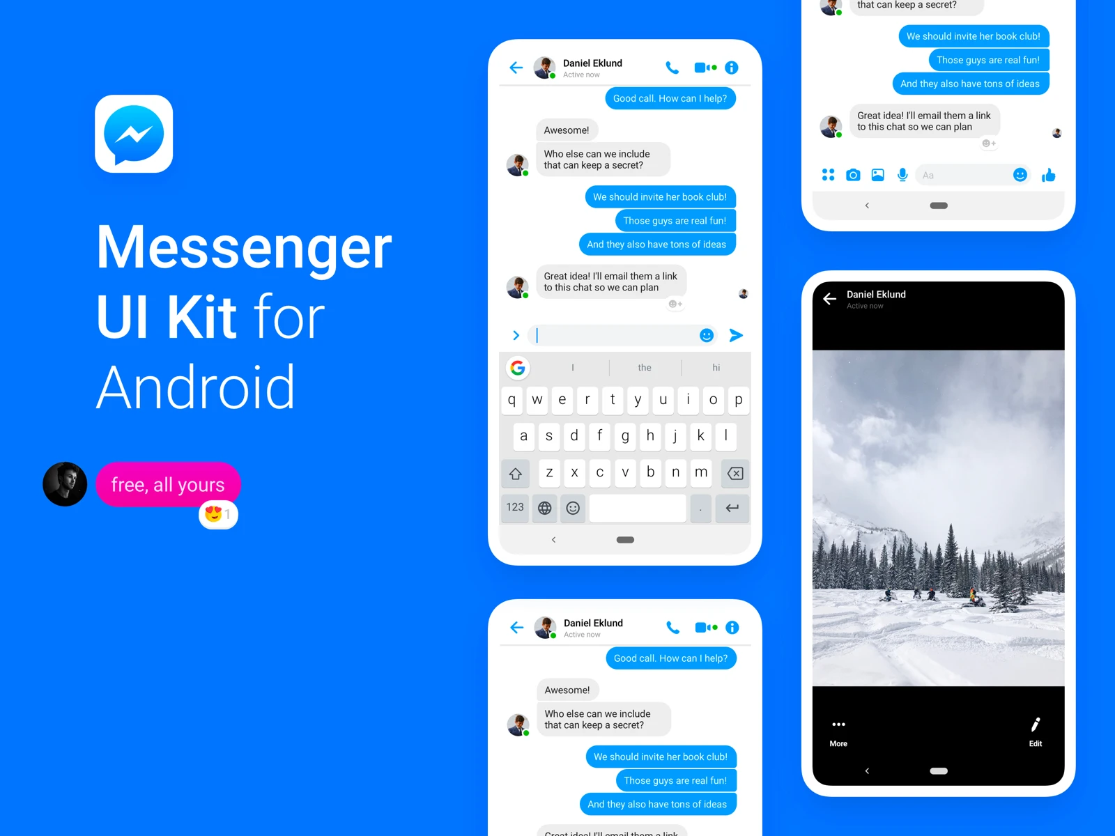 Facebook Messenger UI Kit for Android - The free kit is not just a design clone, it's actually a well organized Sketch Library as well. It contains icons, colors, components, spacing elements, etc.