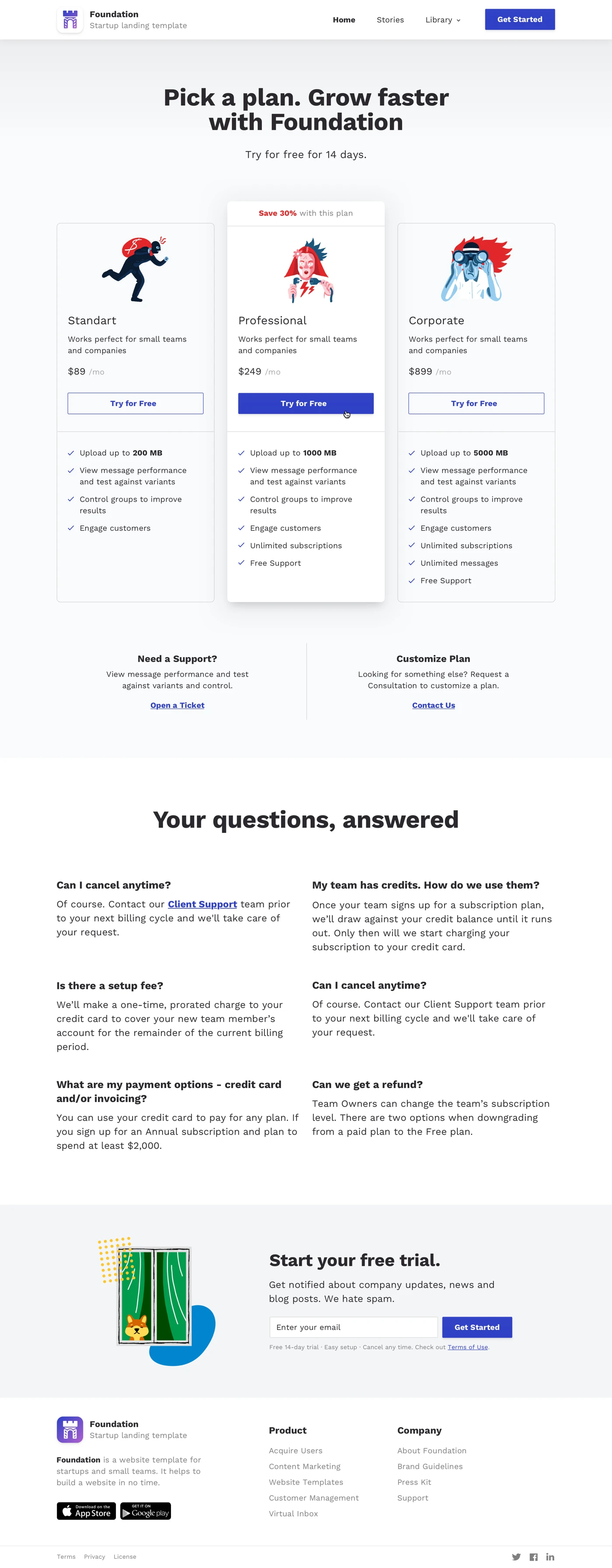 Foundation - Free Landing Page Design - Foundation is a free website design template for Sketch App. It consists of 5 premade pages and many pre-designed blocks. Foundation fits perfect for everyone who wants to design a website for a startup or a landing page. It uses free fonts from Google, free illustrations and icons.