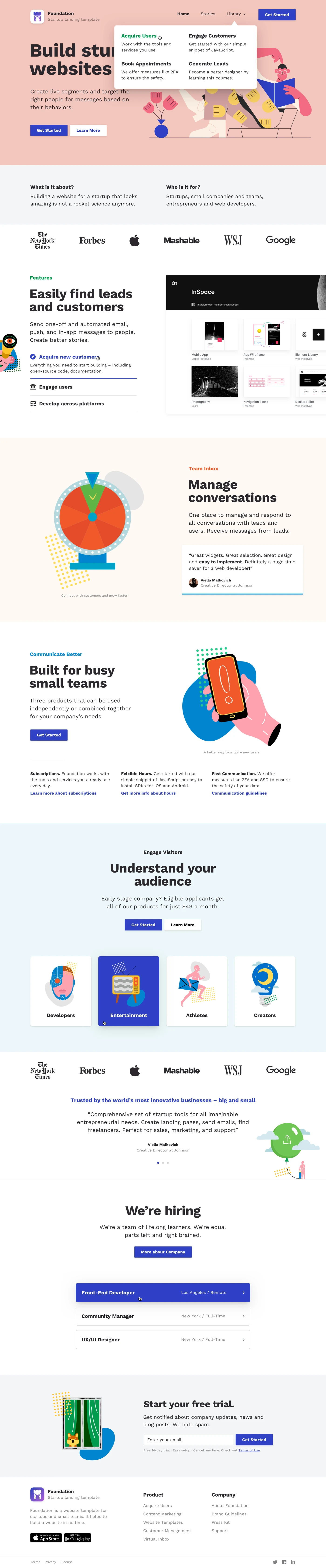 Foundation - Free Landing Page Design - Foundation is a free website design template for Sketch App. It consists of 5 premade pages and many pre-designed blocks. Foundation fits perfect for everyone who wants to design a website for a startup or a landing page. It uses free fonts from Google, free illustrations and icons.