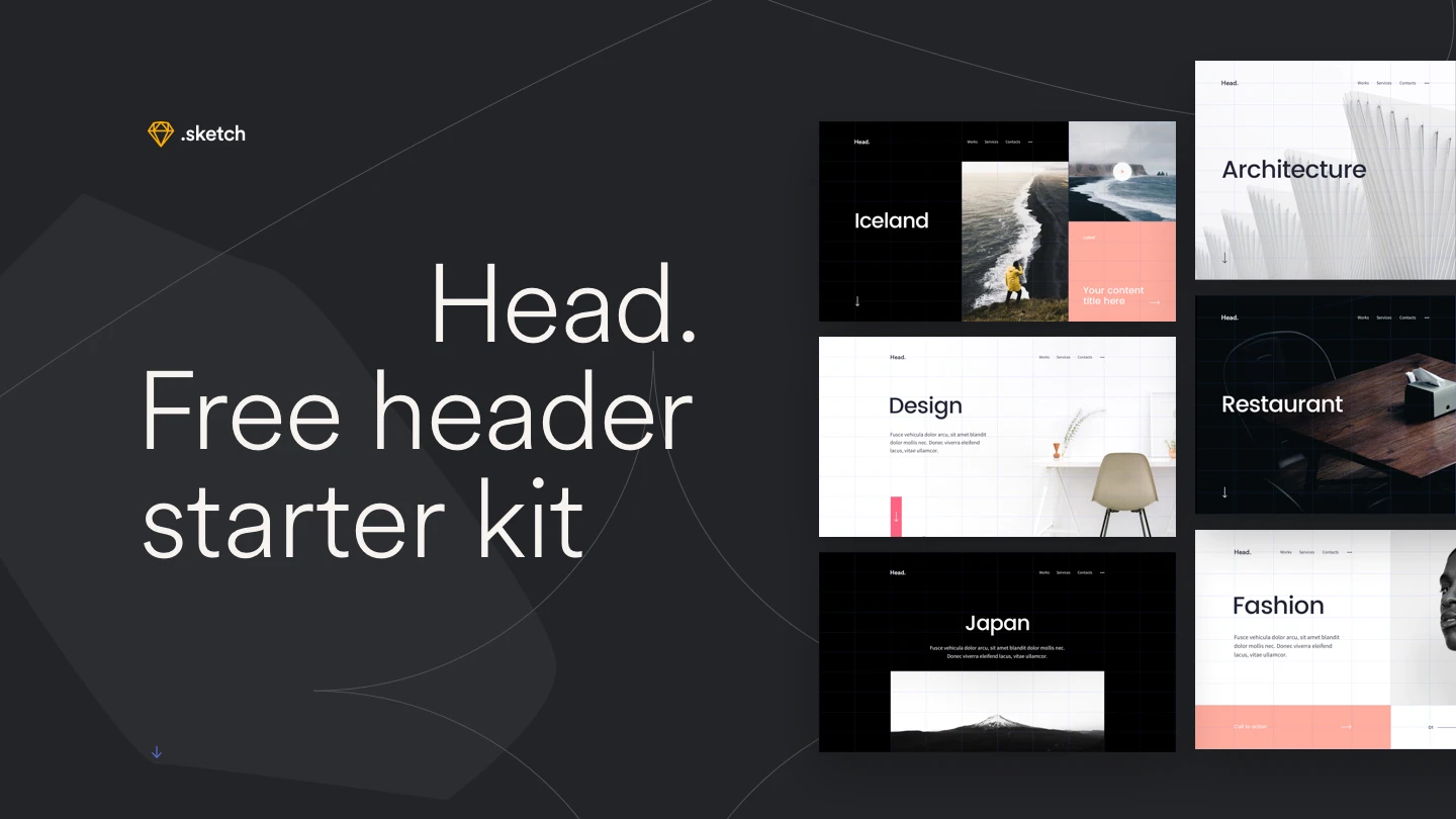 Head: Free Sketch Header Starter Kit - Head is a free high-quality user interface kit includes 6 modern headers designed for Sketch. Kickstart your website with some hand-crafted ideas for your header.