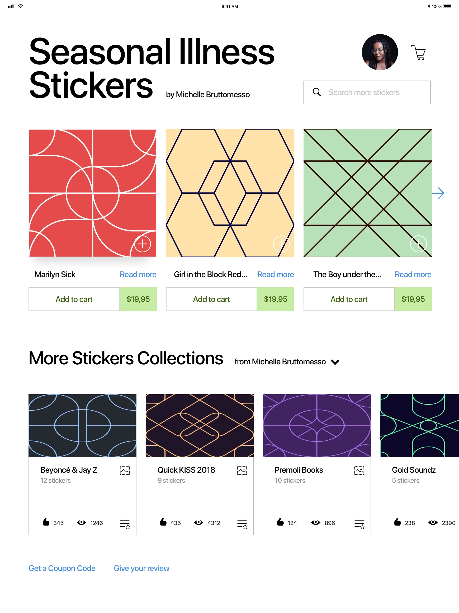 Stickers Shop App UI Kit - Stickers Shop app for the new iPad Pro. Know that the images from the preview image are not included due to copyright infringement, and are changed for tyles.