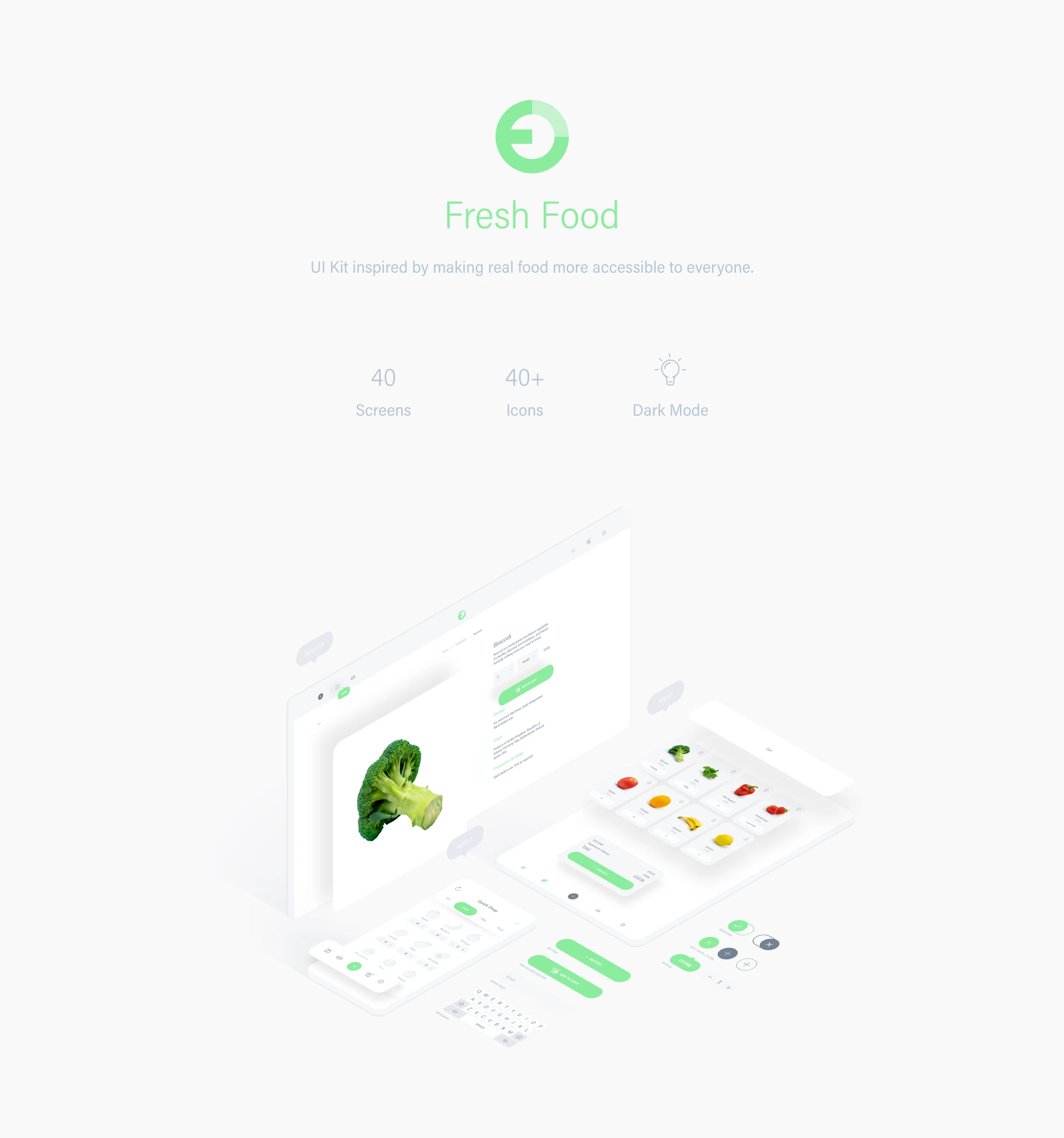 Fresh Food UI Kit for Adobe XD - Fresh Food is an App UI Kit created with Adobe XD that aims to make identifying and ordering healthy foods effortless. The UI kit includes: a suite of assets and icons, mobile and desktop formatted screens, a dark mode version, and plenty of fruits and vegetables!