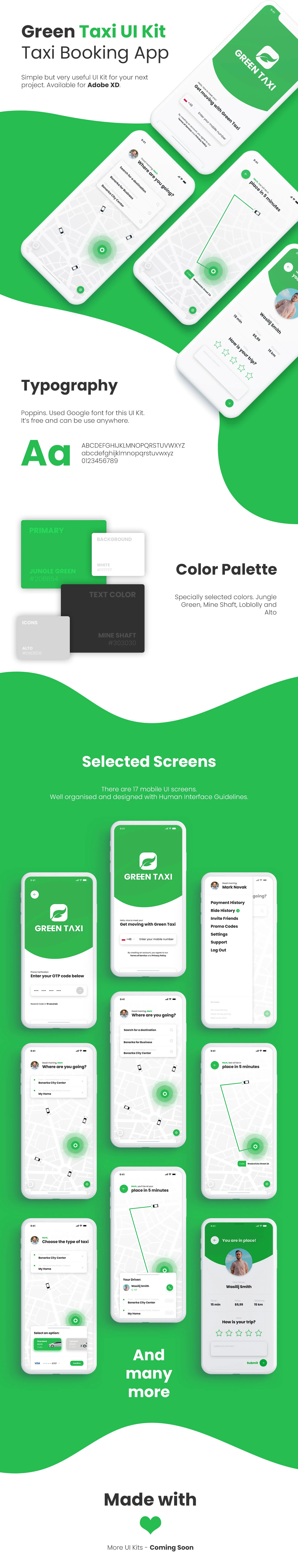 Green Taxi Free App UI Kit - Minimal and clean app design for Adobe XD, 15 screens for you to get started.