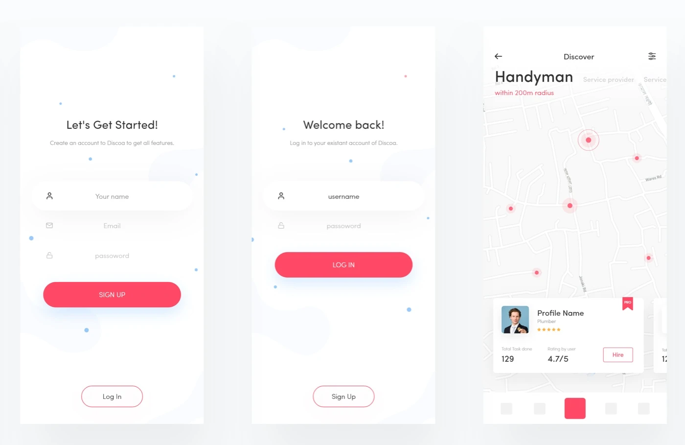 Handyman App UI Kit For Adobe XD - Including 7 iPhone X screens and 2 onboarding illustration. It's designed in Adobe XD.
