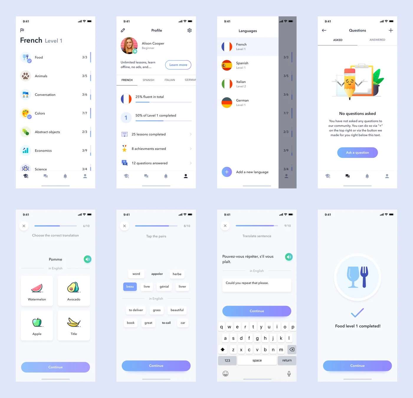 Language Learning App - Learning languages is not easy. To make the process more productive it should be enjoyable both logically and visually. Here is my vision of a language learning app in a form of a sketch freebie. Hope you find it useful. License: Free for Personal Use.