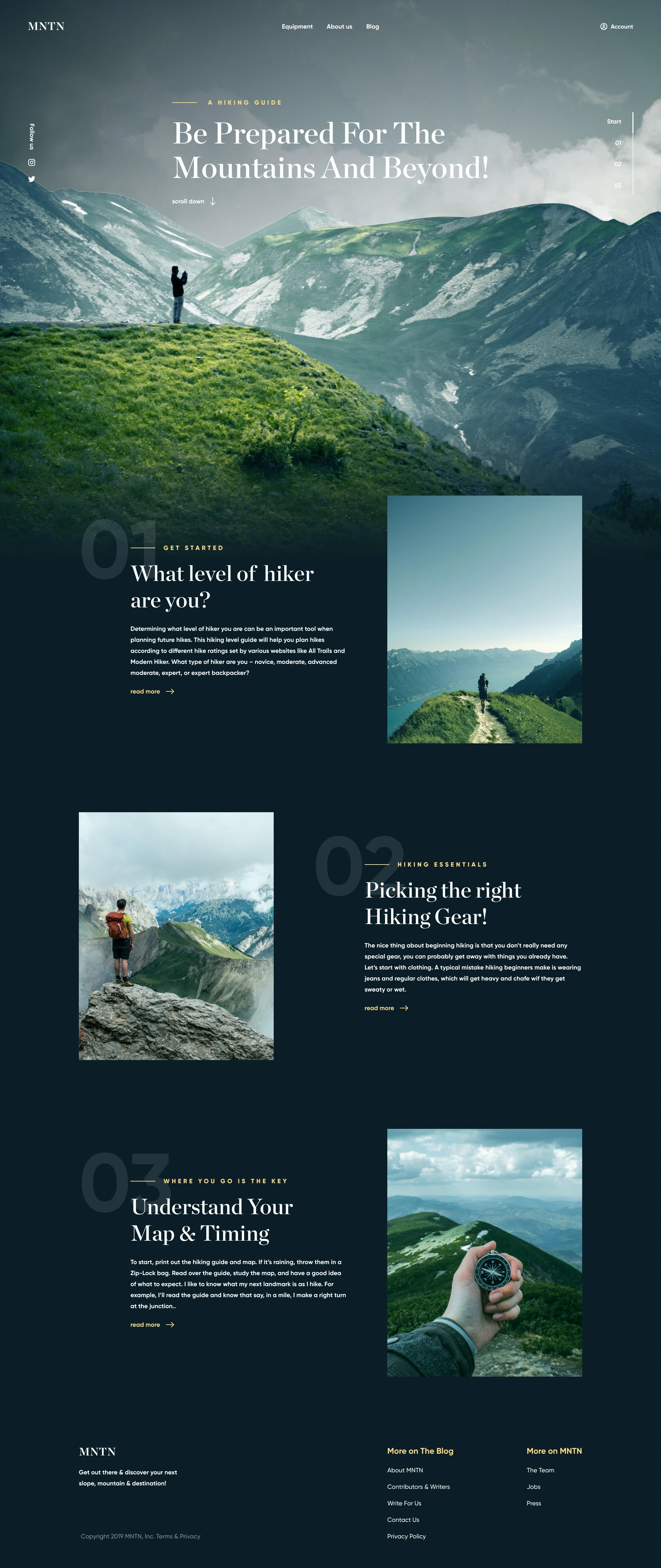 MNTN Free Landing Page for Figma - Minimal and clean landing page design for a blog about hiking and traveling.