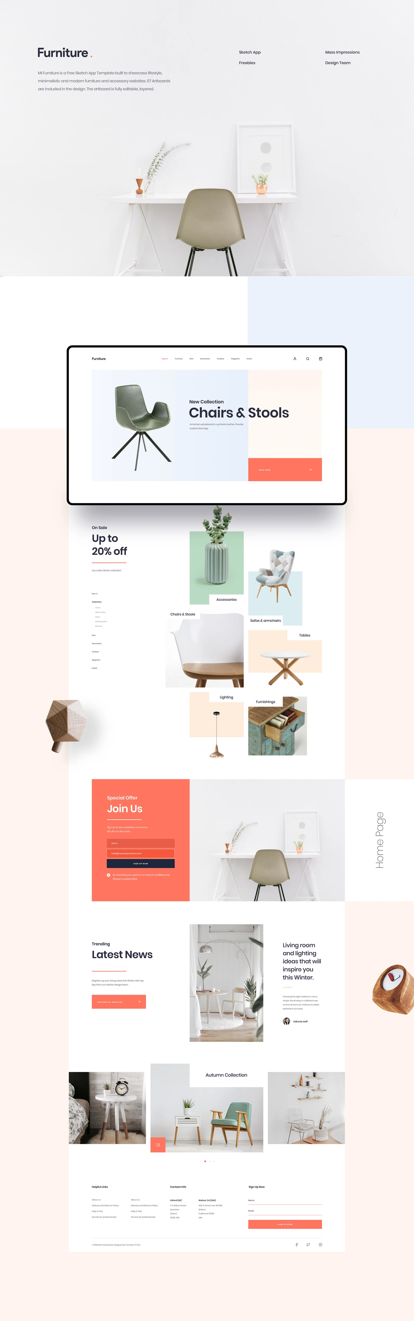 MI Furniture Free Sketch Template - MI Furniture is a Free Multi-Purpose Sketch App Template built to showcase lifestyle, minimalistic and modern furniture and accessory websites. 07 Artboards are included in the design. The artboard is fully editable, layered, carefully organized.