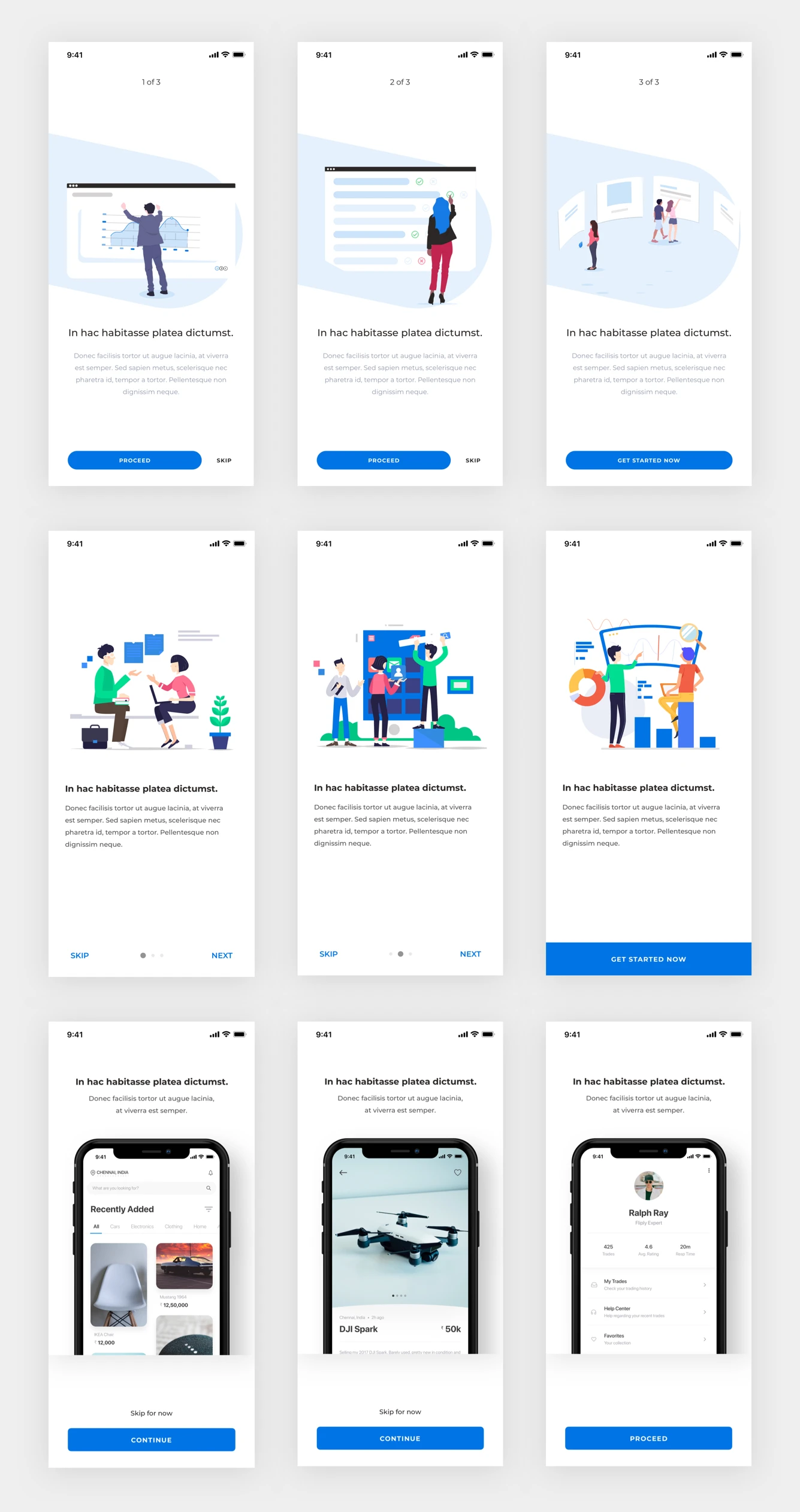 Mobile App Onboarding Screens - Minimal and clean app's onboarding process design, 9 screens for you to get started