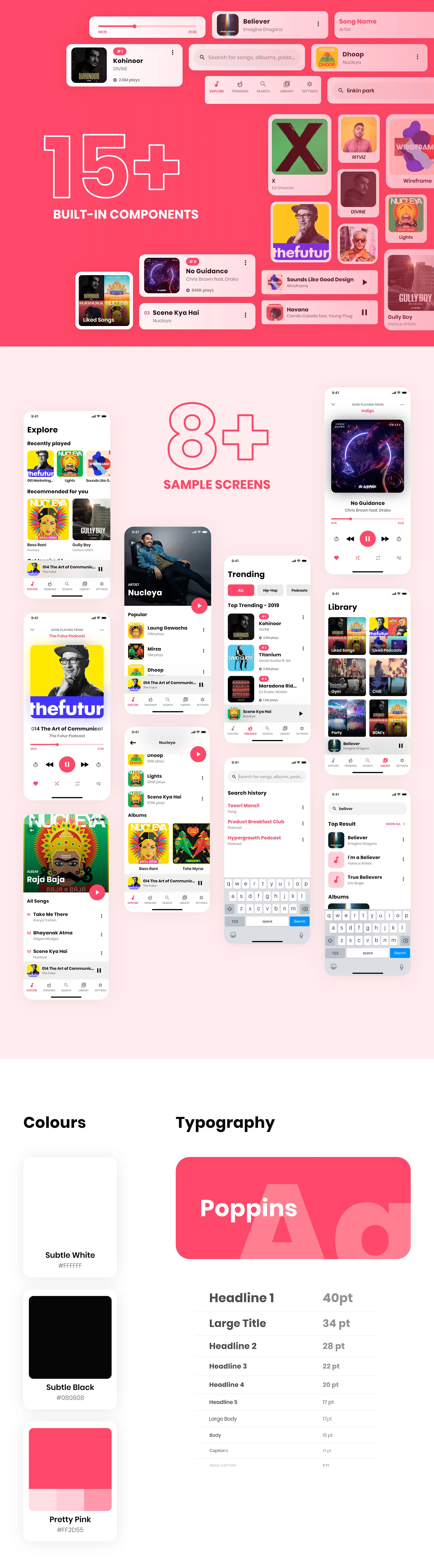 Music App UI Kit for Adobe XD - The Music App UI Kit is a component-based UI Kit designed exclusively for Adobe XD by Unmesh Gite. If you are struggling with creating great user-interfaces, then this kit will give your designs a great boost. This Kit features fully-customizable components, including UI elements, colours, typography. 