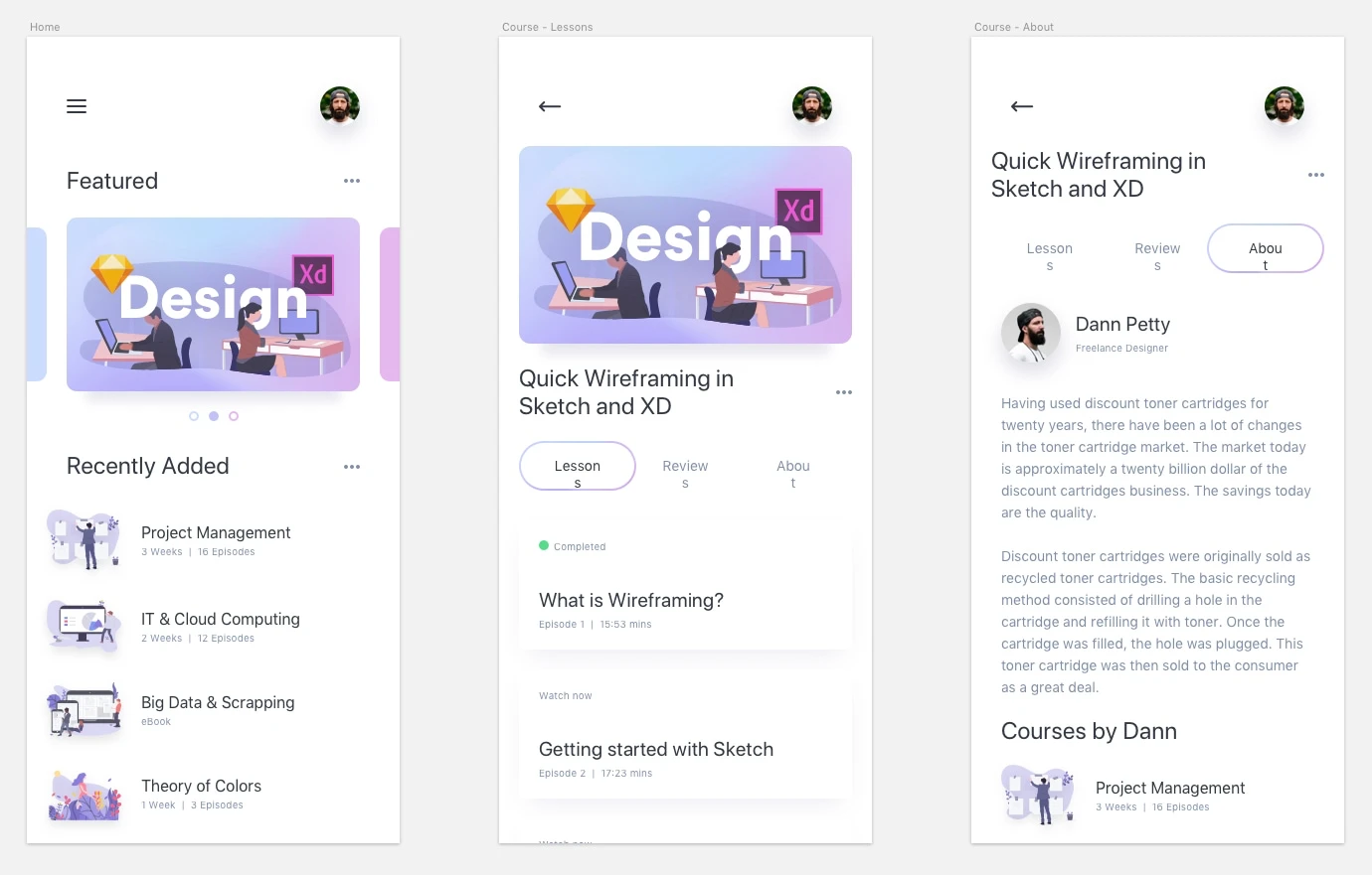 Online Courses UI Kit - Minimal and clean app design, includes 3 screens