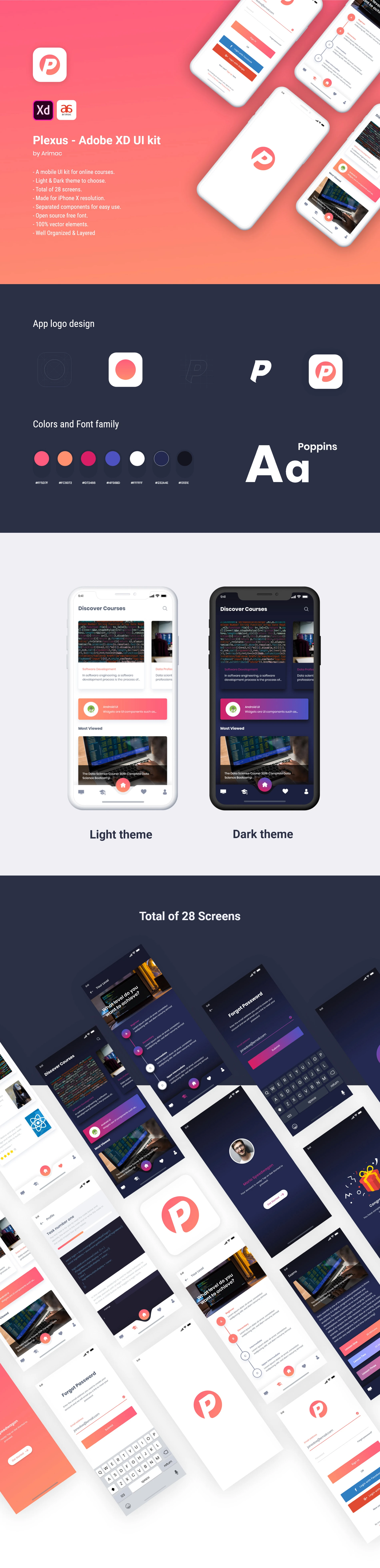 Plexus - Free Adobe XD UI Kit - A mobile UI kit for online courses. Light & Dark theme to choose.
