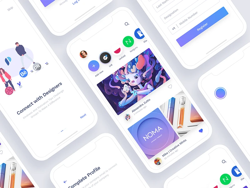 Social App for Designers - Minimal and clean app design, 5 screens for you to get started