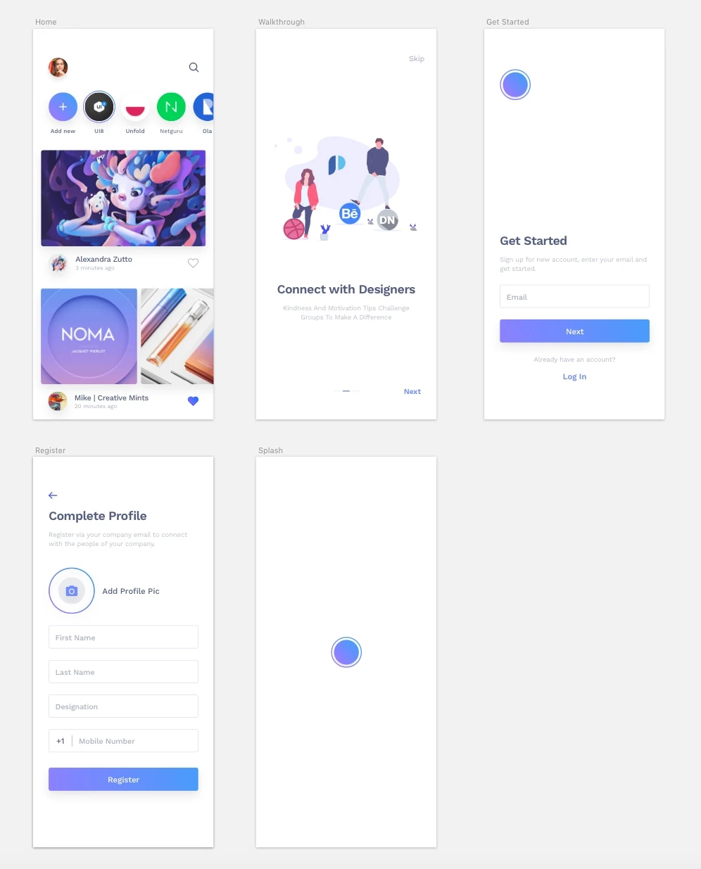 Social App for Designers - Minimal and clean app design, 5 screens for you to get started