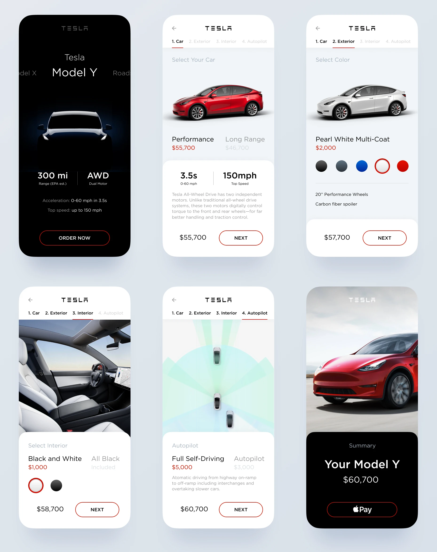 Tesla Model Y - Concept UI Kit for Figma - Check some car configuration flow concepts and feel free to download it. Minimal and clean app design, 6 screens for you to get started.