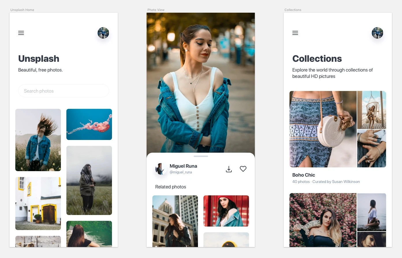 Unsplash App Redesign Concept - Neat and clean view, includes 3 app screens by Creative Pox