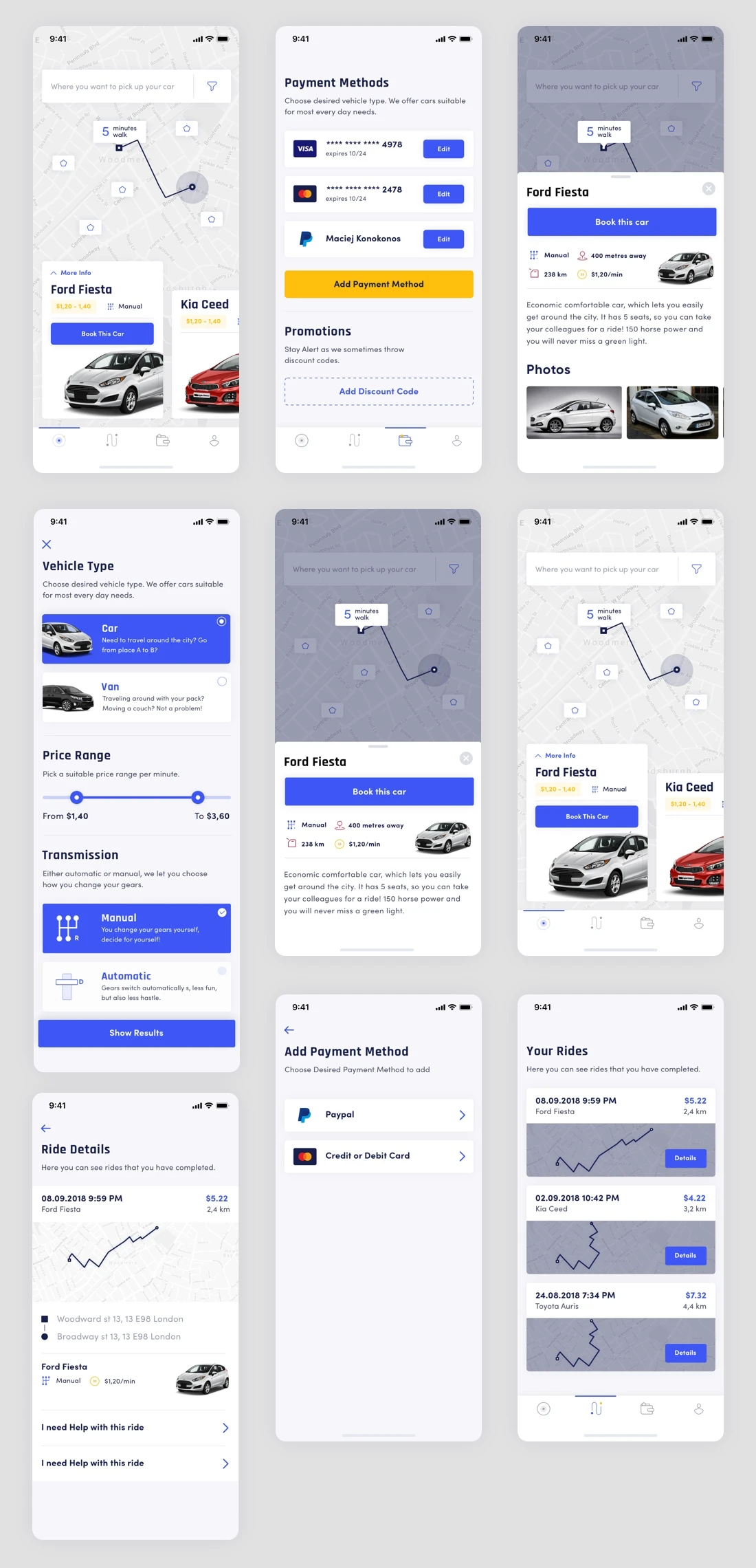 Vehirent UI Kit - 10 iOS interface screens. It depicts map, filtering, ride history, payments and settings.