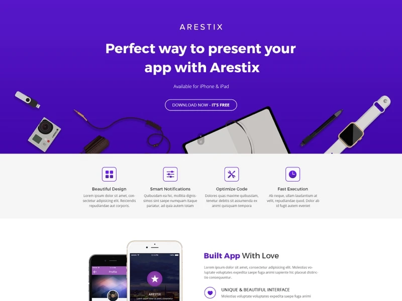 Arestix App Landing Page - Based on Bootstrap grid system, 03 theme colors. Beautiful, modern and clean design