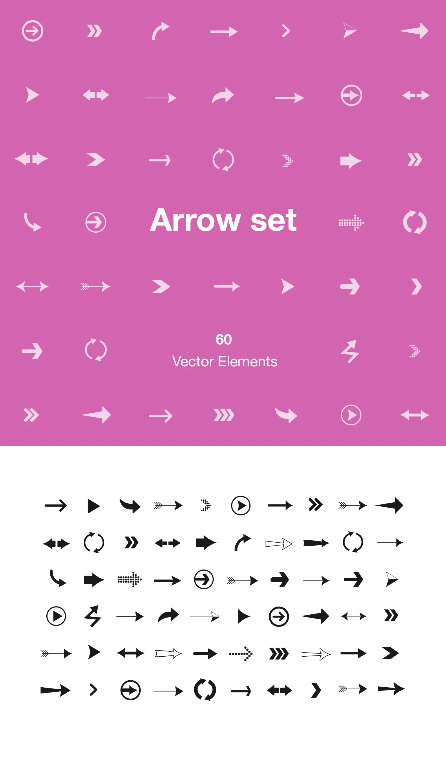 Arrow Set - 60 Vector Elements - This resource contains 60 vector based arrows that can be used by designers and developers. Use the arrows in your mobile app, on your website or in presentations and change the colors to make them fit into your theme. 