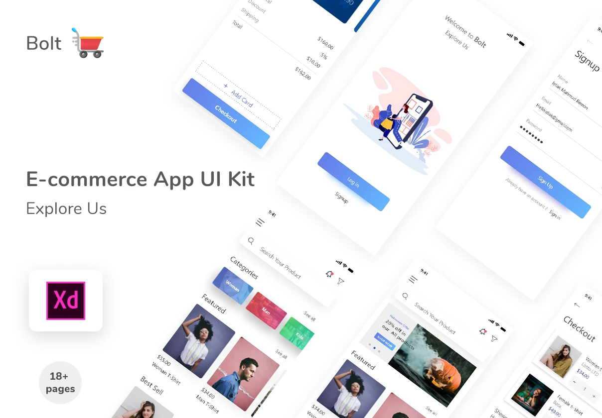 Bolt E-commerce App UI Kit - Minimal and clean app design for e-commerce , 18+ screens for you to get started