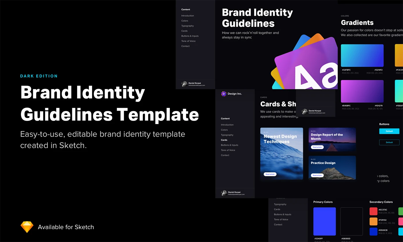Brand Identity Guidelines 2.0 - Dark Edition - Easy-to-use and editable brand identity template created in Sketch