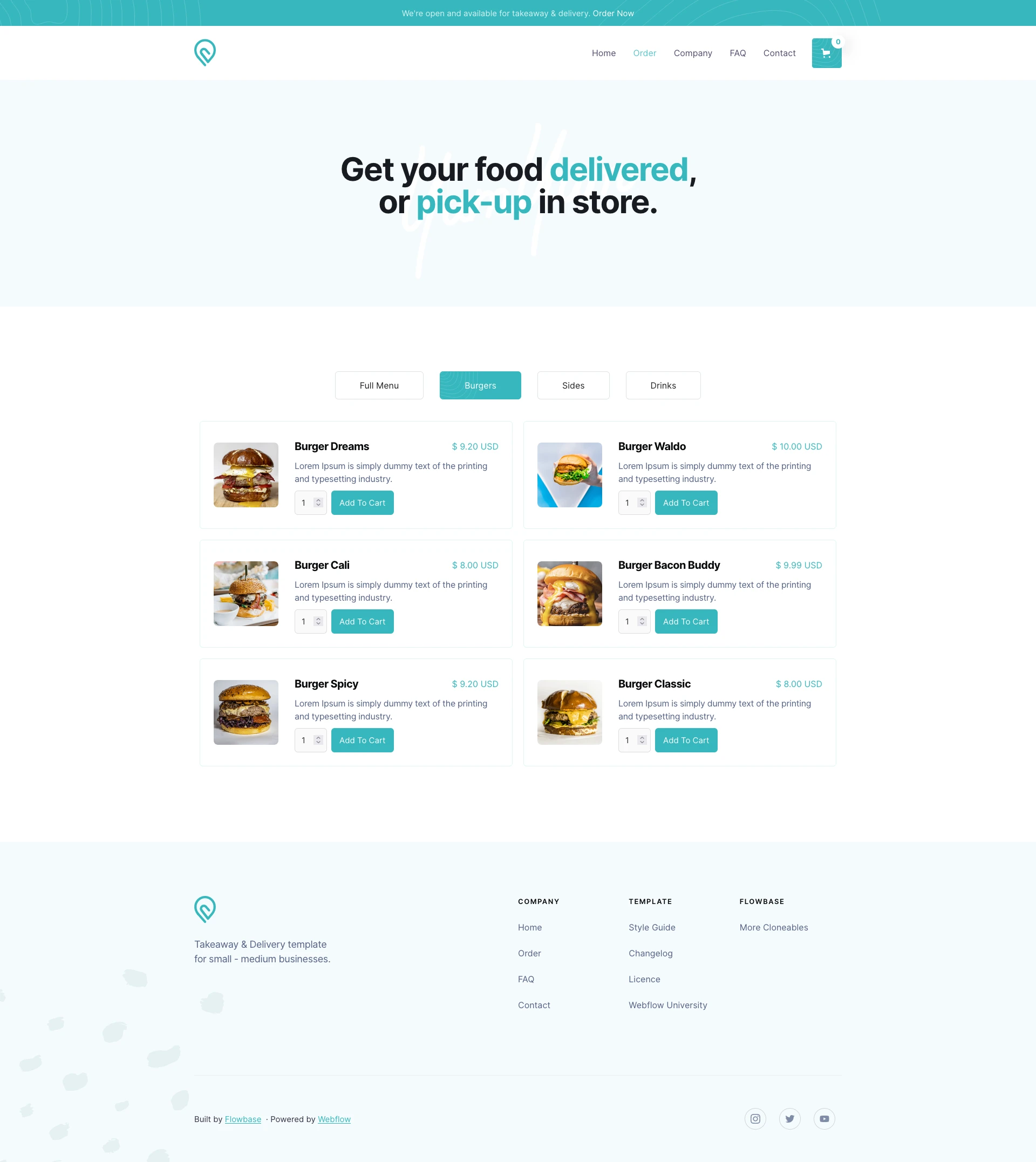 Chomp Restaurant - Free Webflow Template - Chomp Webflow Ecommerce Template is the complete package for businesses wanting to provide & sell their products online. Tailored towards restaurants and the food industry, your business can rapidly adjust the template and provide a beautiful e-commerce experience.