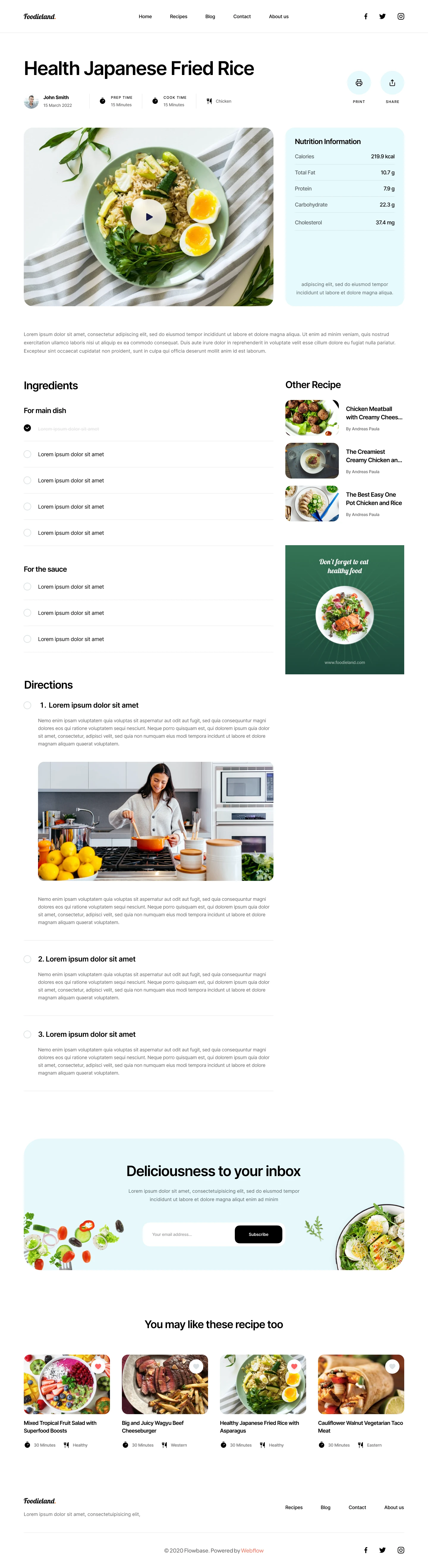 Cooking Free Template for Figma - This landing page is designed to streamline the process of starting new design projects by offering easy access to essential elements such as a homepage, recipe details, blog list page, blog post page, and contact page. 