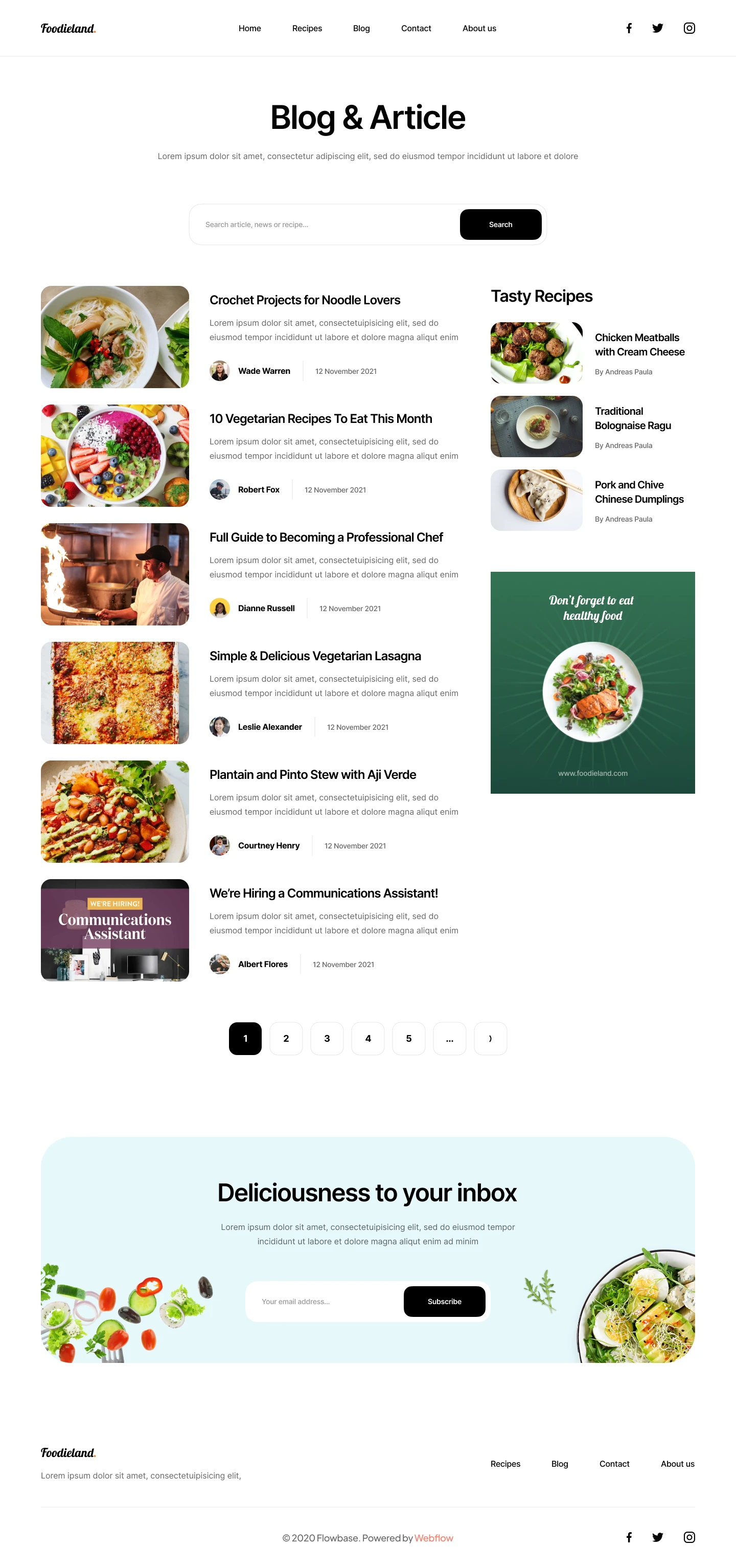 Cooking Free Template for Figma - This landing page is designed to streamline the process of starting new design projects by offering easy access to essential elements such as a homepage, recipe details, blog list page, blog post page, and contact page. 