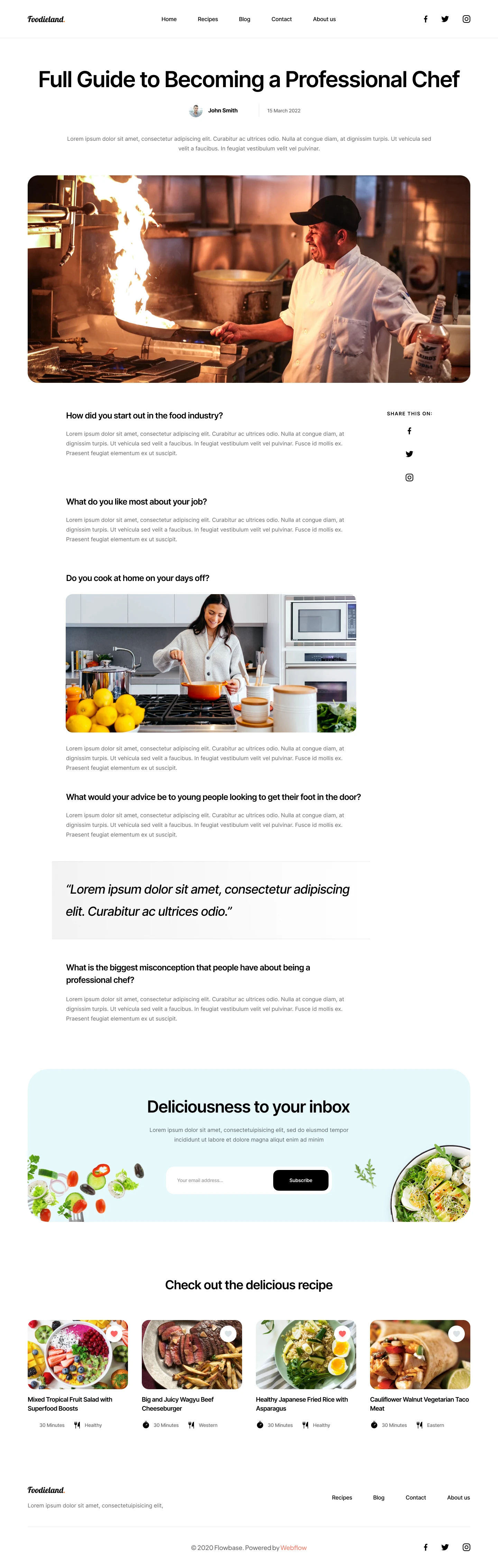 Cooking Free Template for Figma - This landing page is designed to streamline the process of starting new design projects by offering easy access to essential elements such as a homepage, recipe details, blog list page, blog post page, and contact page. 