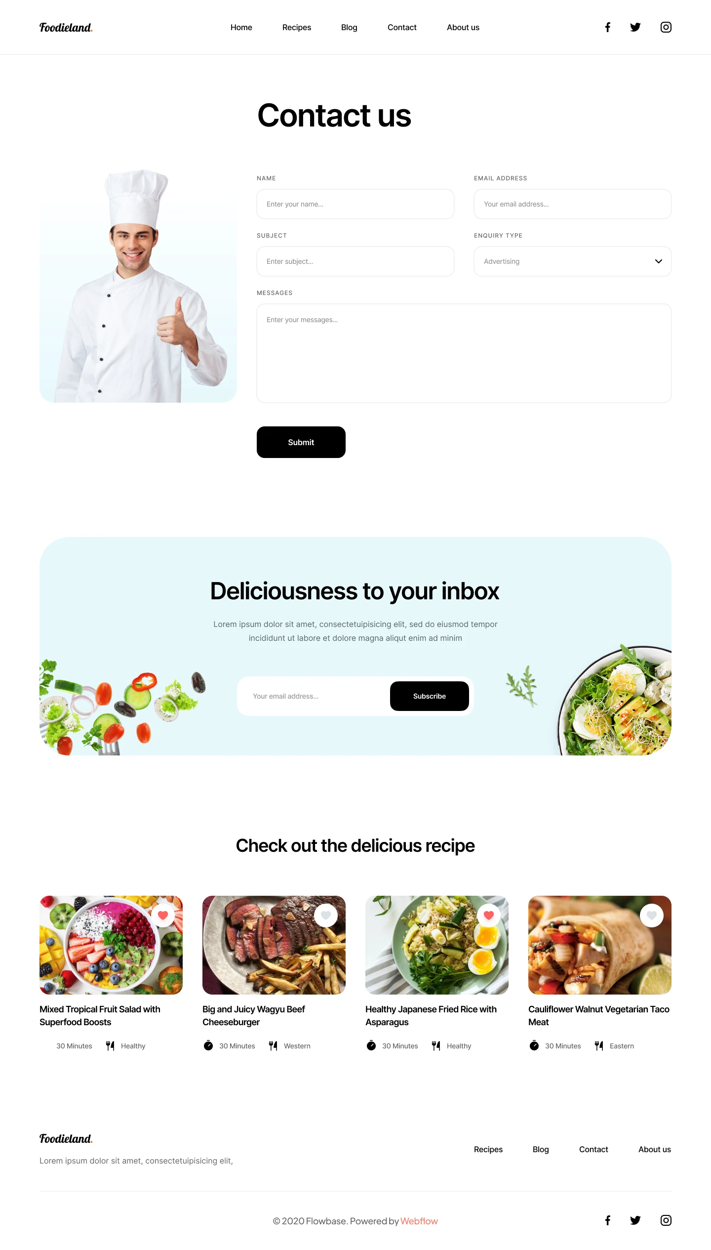 Cooking Free Template for Figma - This landing page is designed to streamline the process of starting new design projects by offering easy access to essential elements such as a homepage, recipe details, blog list page, blog post page, and contact page. 