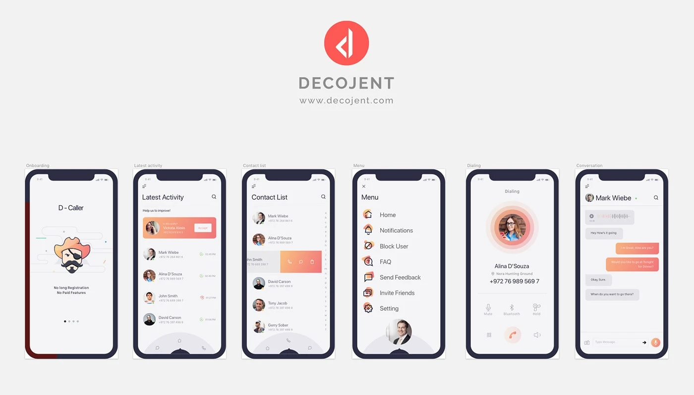 D-Caller Mobile UI Kit - Clean and elegant App by Decojent, 6 screens for you to get started