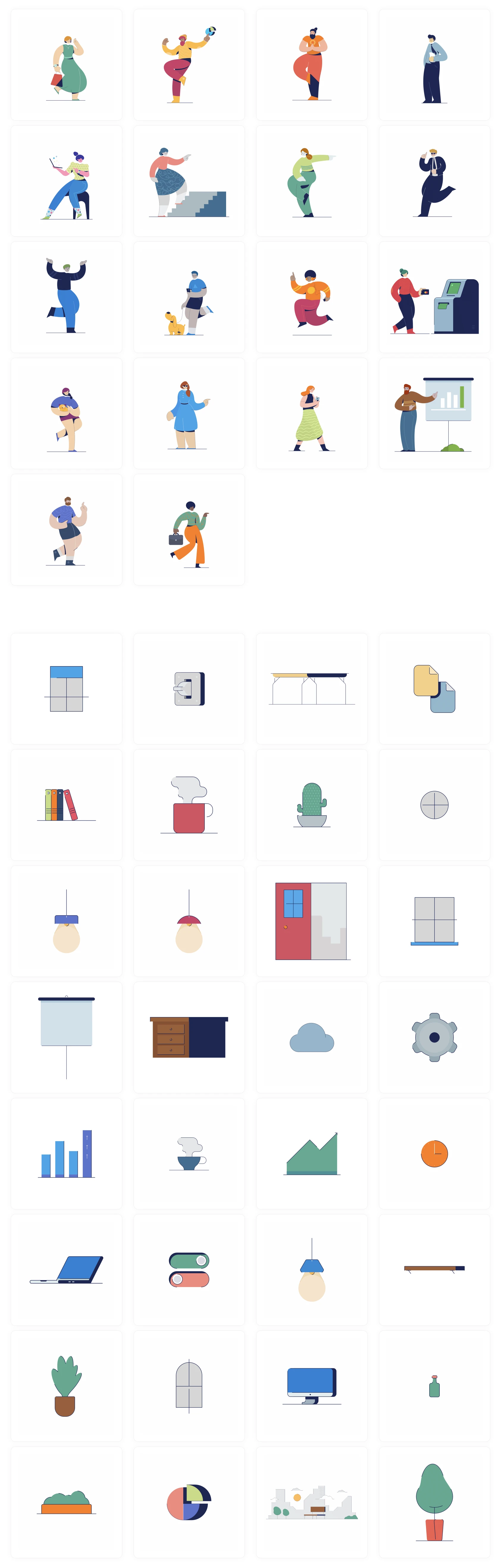 Daily - 50 Free Illustrations - Free simple illustration scene builder offering a collection of characters and environment objects all drawn in flat style. Combine these beautifully drawn people together with some of the background elements to create inspiring scenes for website interface or application screens.