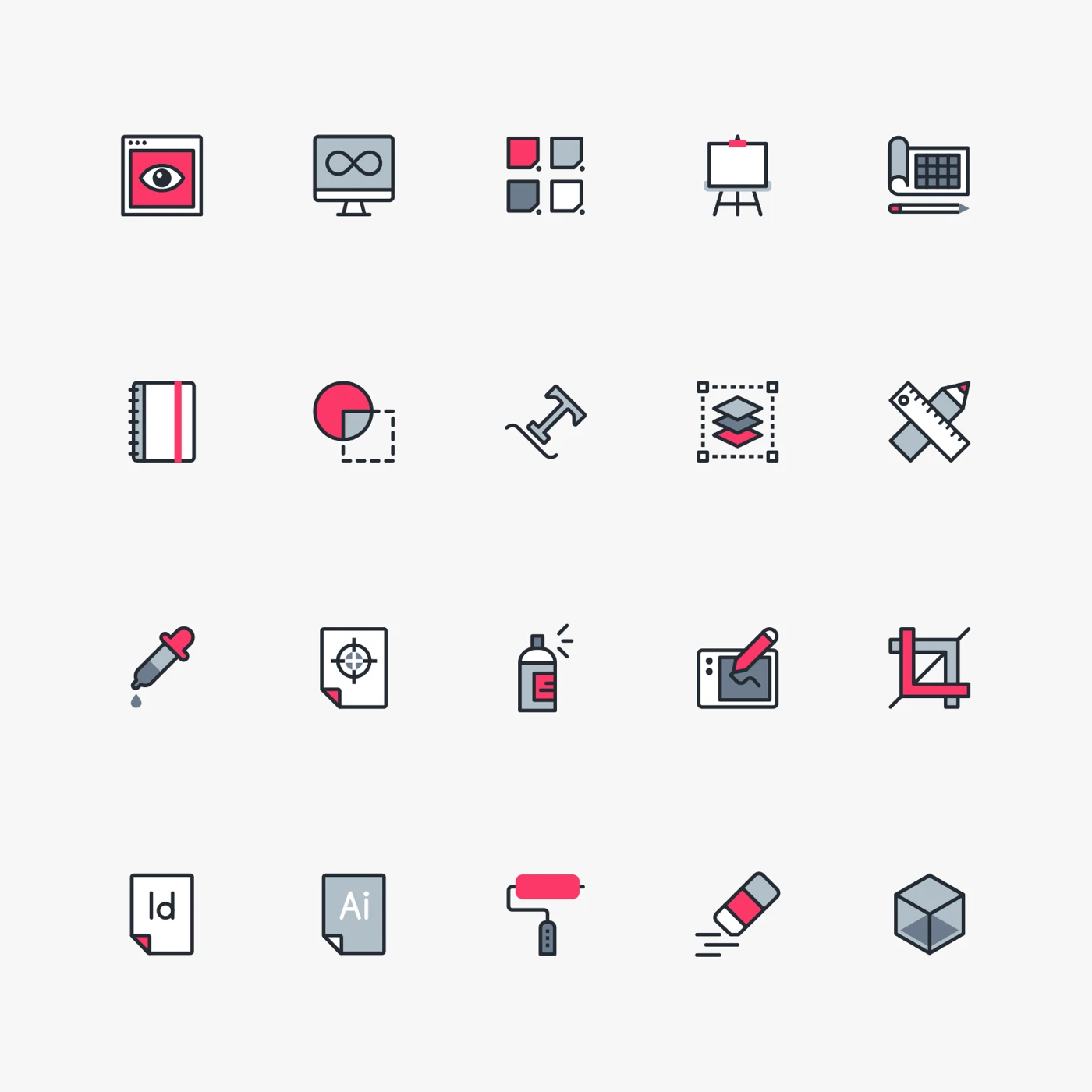 Design Tools Free Icon Pack - Grab this free icon pack with 20 graphic design & freelance-related icons. Comes in four colors—black, white, gray, and hot pink.