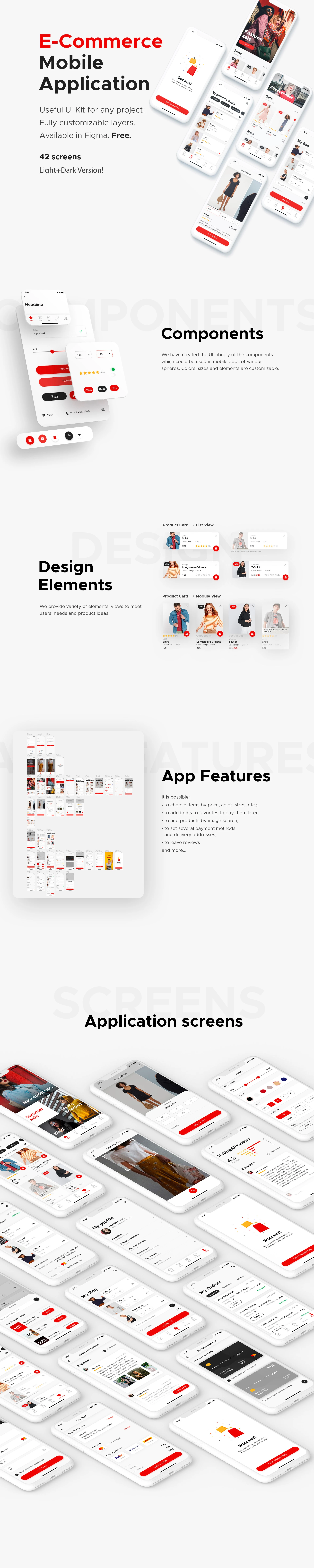 E-Commerce Mobile App for Figma - We have created the UI Library of the components which could be used in mobile apps of various spheres. Colors, sizes, and elements are customizable. 42 screens, which is useful for any projects.