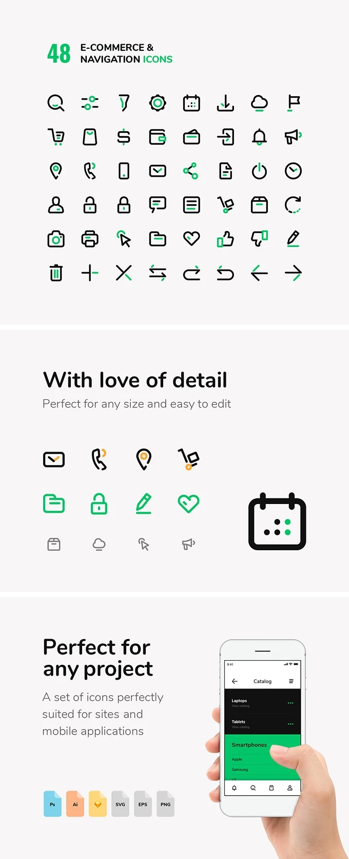 eCommerce & Navigation Icons Set - These new 48 vector icons, which are easily editable and multipurpose can solve problems of visual maintenance once and forever. Made in minimalism, they are suitable for iOS, Android & Web.
