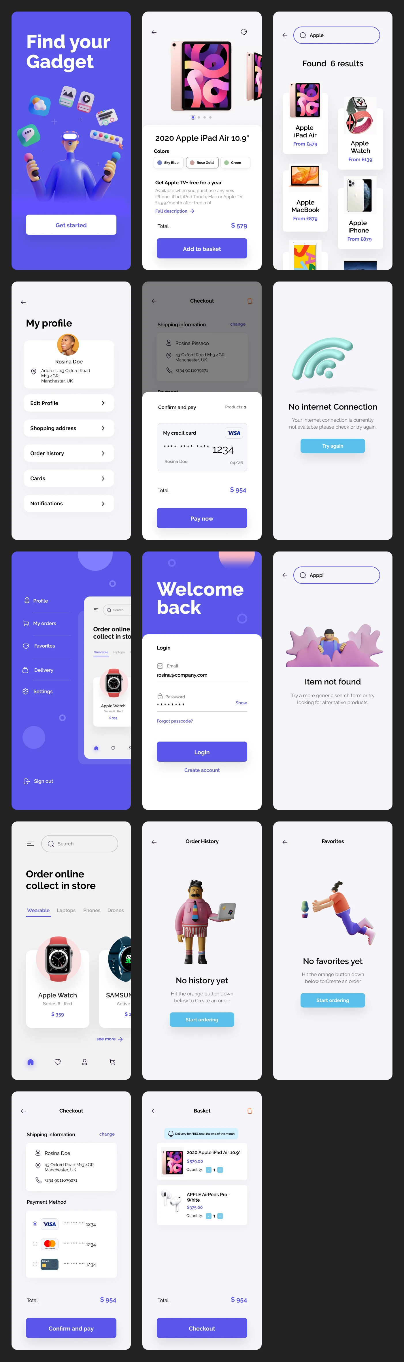 eCommerce Free App UI Kit for Figma - Free mobile UI Kit designed exclusively for Figma by Rosina Pissaco. It features 14+ mobile screen pages to get you started on your projects.
