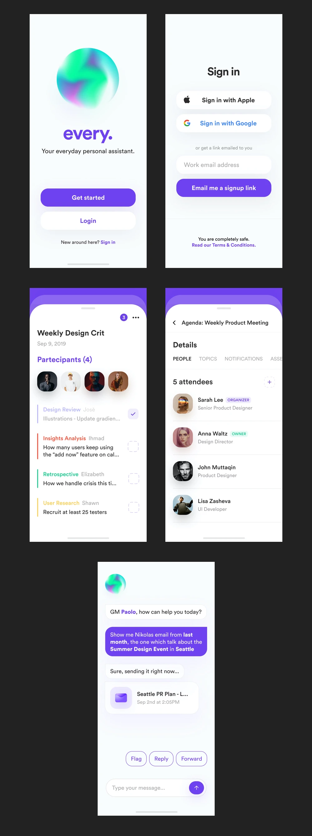 every. UI Kit for Figma - every. is a mobile app concept representing a personal assistant that can help you through your daily office routine