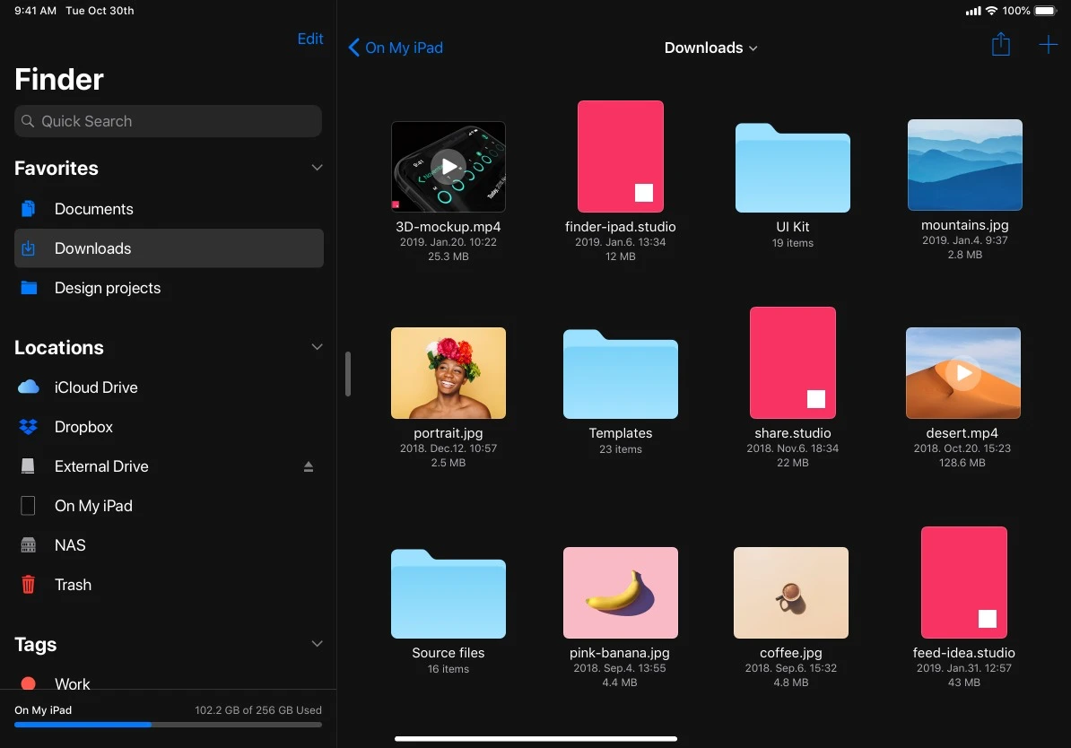Finder for iPad Concept - Bringing the Finder and new advanced multitasking to the iPad. Experimentations with creating a Finder app for the iPad Pro with external storage management, Quick Look integration, column view, resizable sidebar, improved multitasking and dark mode.