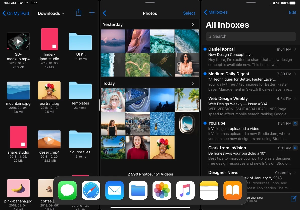 Finder for iPad Concept - Bringing the Finder and new advanced multitasking to the iPad. Experimentations with creating a Finder app for the iPad Pro with external storage management, Quick Look integration, column view, resizable sidebar, improved multitasking and dark mode.
