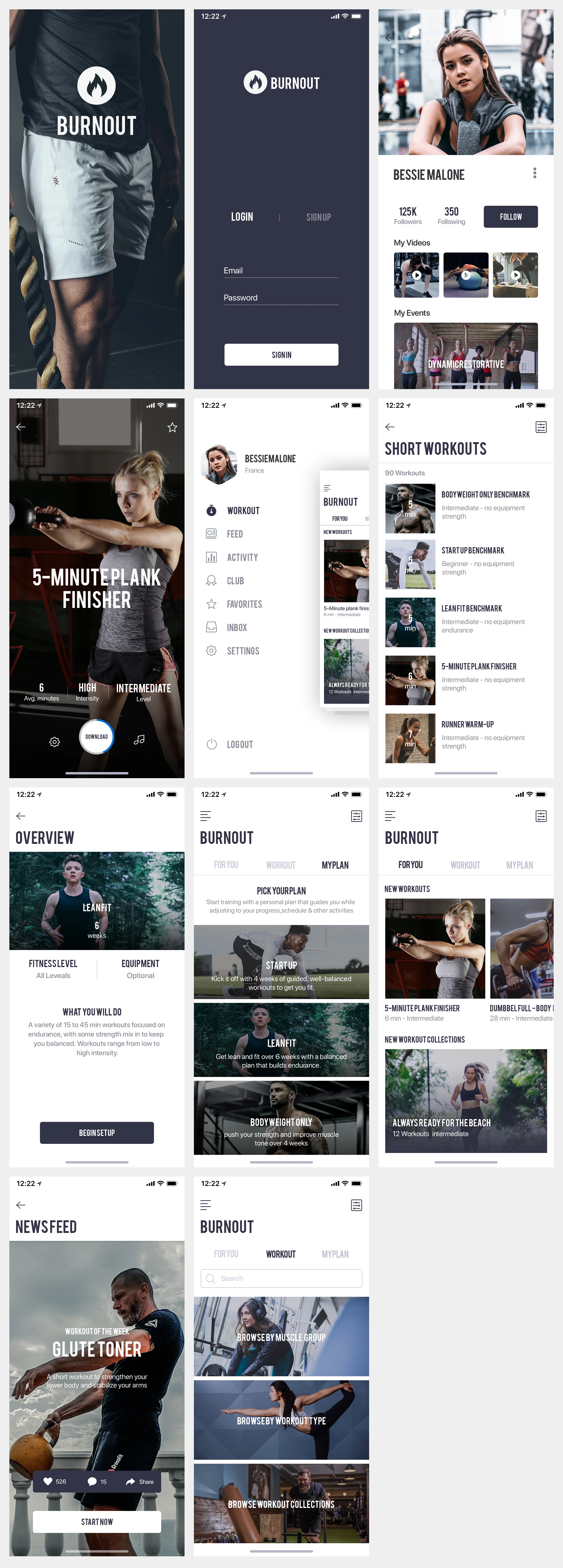 Burnout - Fitness App free for Photoshop - Burnout is a fitness UI kit, total 11 app screen in PSD format. Feel free to download, customize and use on your personal or commercial projects.