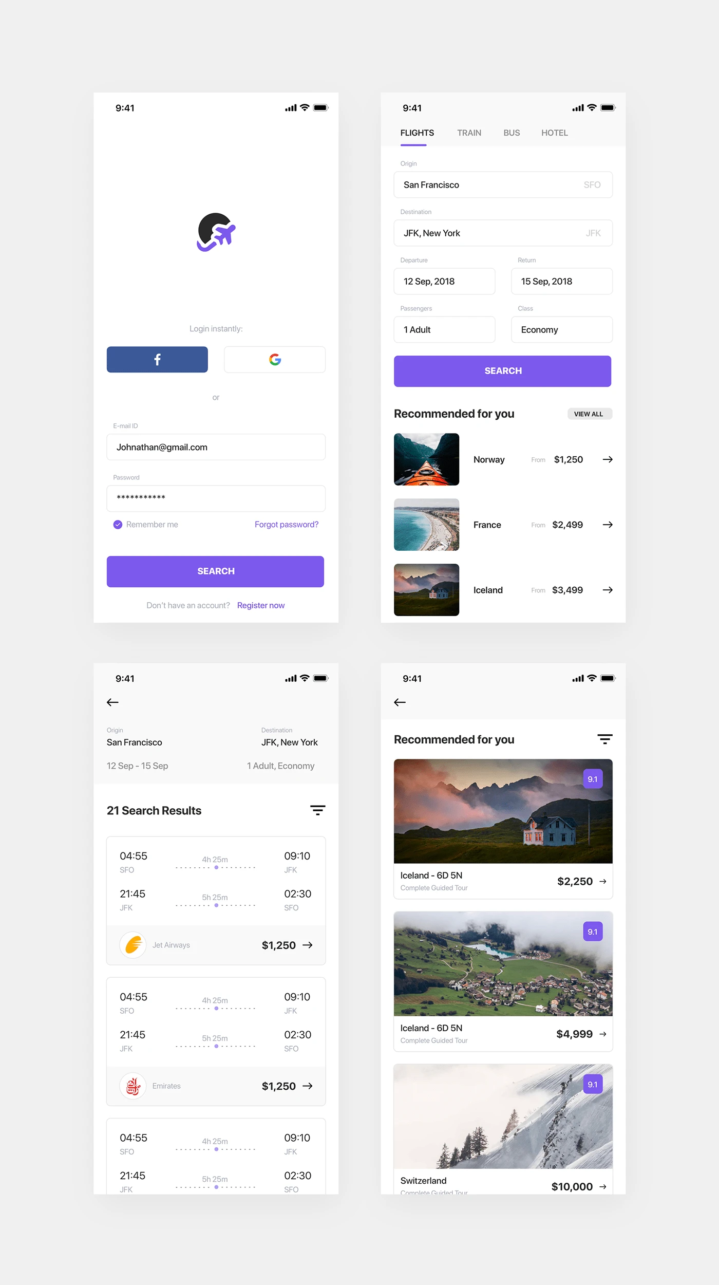 Flight Booking App - Made with simplicity in mind. 4 screens for you to get started with your project