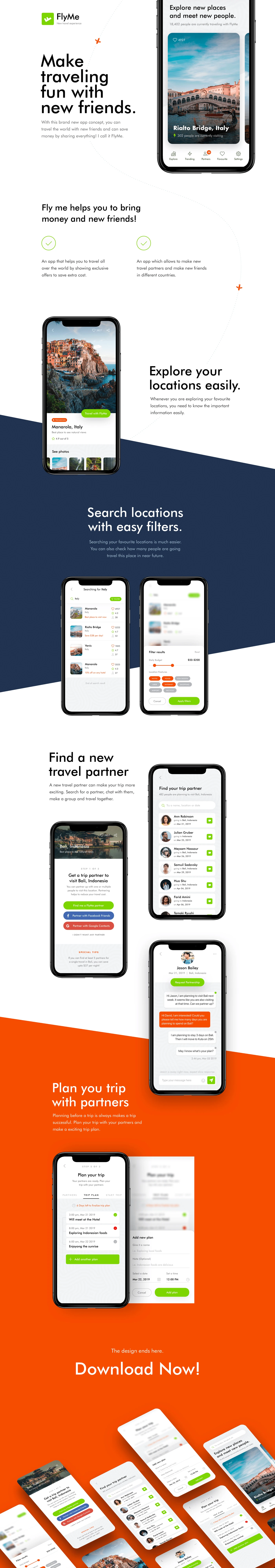 FlyMe - Free Travel App UI Kit - Minimal and clean app design by Farhan. Make traveling fun with new friends.