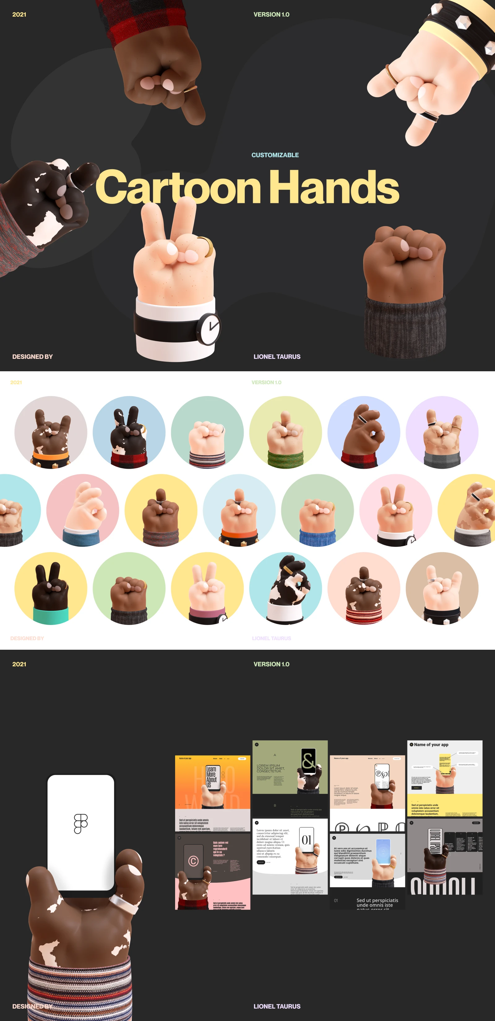Free 3D Cartoon Hands Mockup for Figma - A collection of 3D cartoon hands, hand-crafted to use for your design and illustrations! The hands are made out of components so you can make your own and create variants.