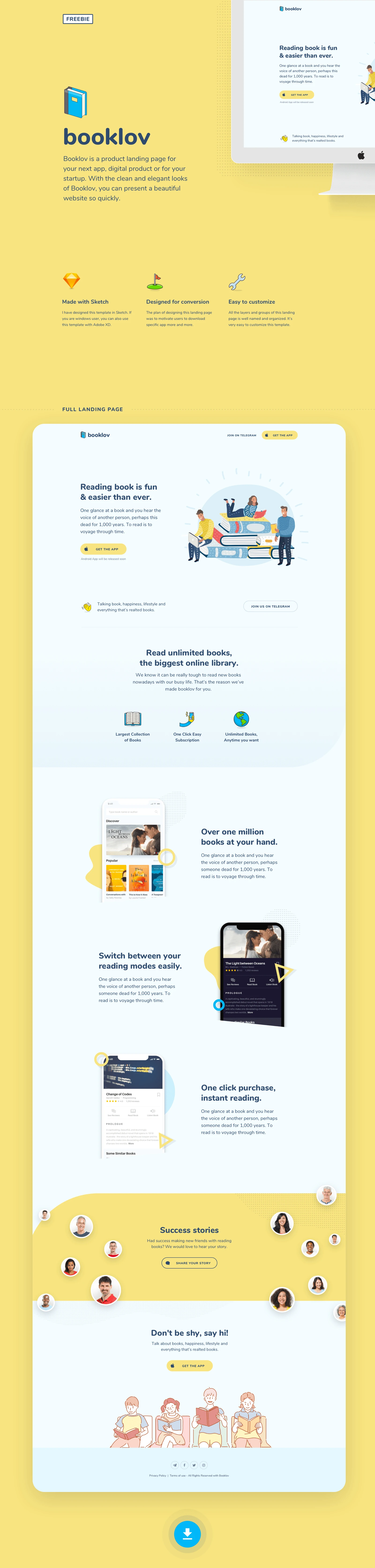 Booklov - Free Landing Page - I created this freebie for business or startup owners who are looking for a beautiful landing page to kick-start their business. You can edit this template using Adobe Photoshop, Sketch or Adobe XD. It’s completely free for personal uses.