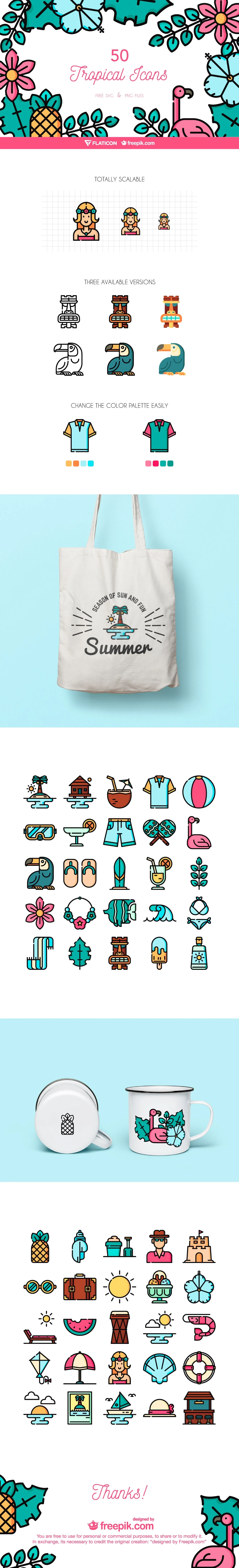 Tropical Icon Set - The Tropical Icon Set includes individual icons of palm trees, beach balls, cocktails, surfboards, waves, ice creams, bikinis, suntan lotions… everything you would expect to see and use on a warm tropical vacation.